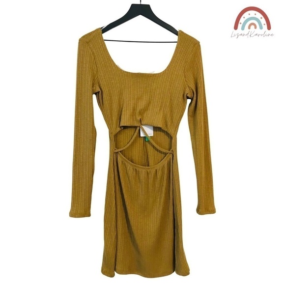 New! Sweater Ribbed Knit Bodycon Sweater Open Cut Out Long Sleeve Mini Dress - Picture 1 of 11